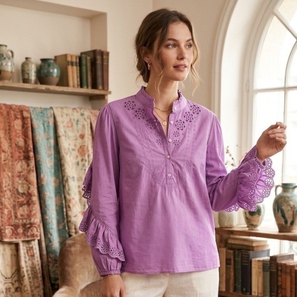 J.Crew Orchid Purple Eyelet Ruffle Sleeve Cotton Dobby Blouse Top M